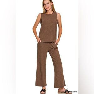 ZENANA BROWN COTTON SLUB TANK & PANTS SET NWOT